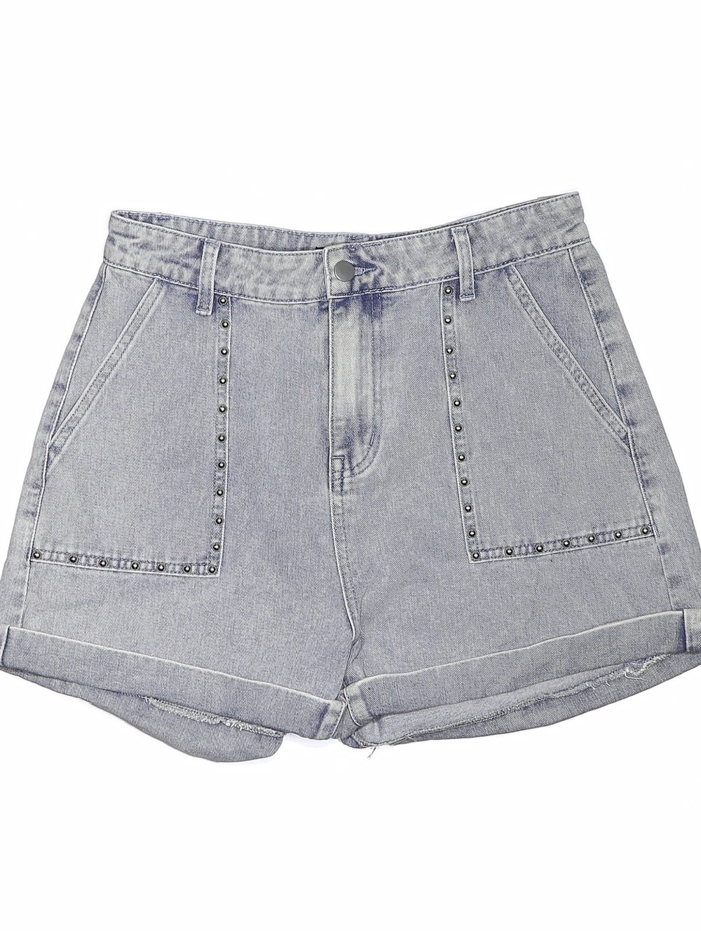 Light Gray Studded High-Rise Denim Shorts